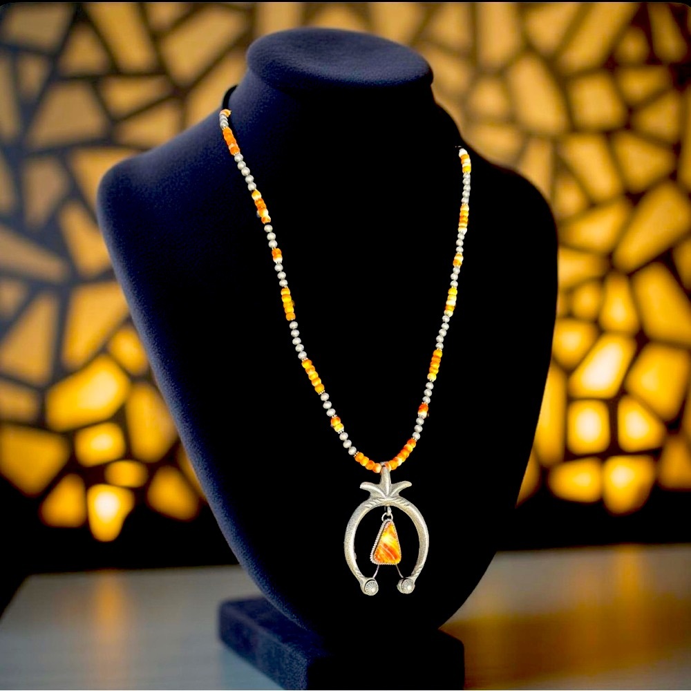 Signed MC Martha Cayatineto Navajo Sterling Orange Oyster Necklace